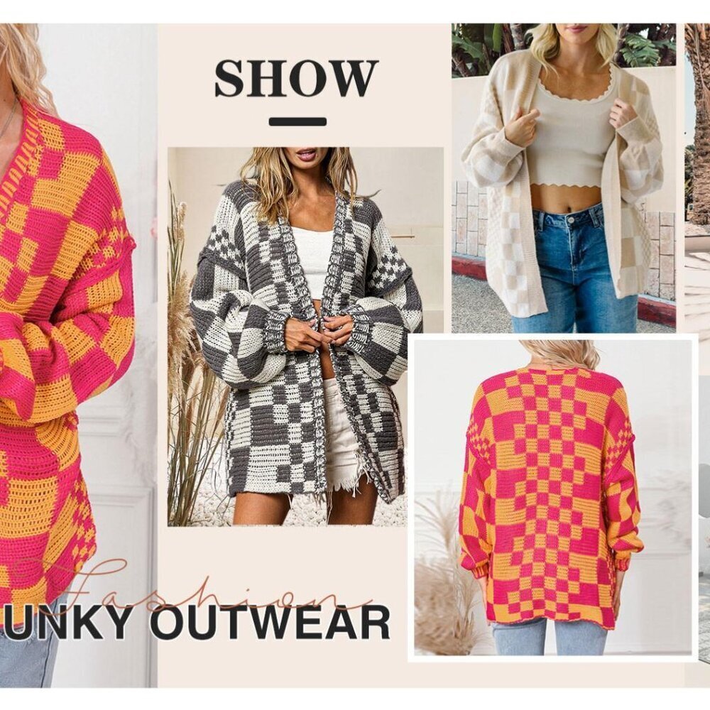 Vintage Checkered Cardigan Sweater Chunky Knit Oversized Y2K Retro Style - Picture 8 of 8